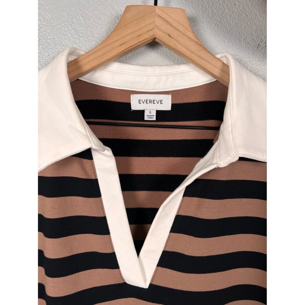 Evereve Nova Polo Mini Shirt Dress Cotton Chocolate Brown/Black Striped Large - Picture 6 of 9